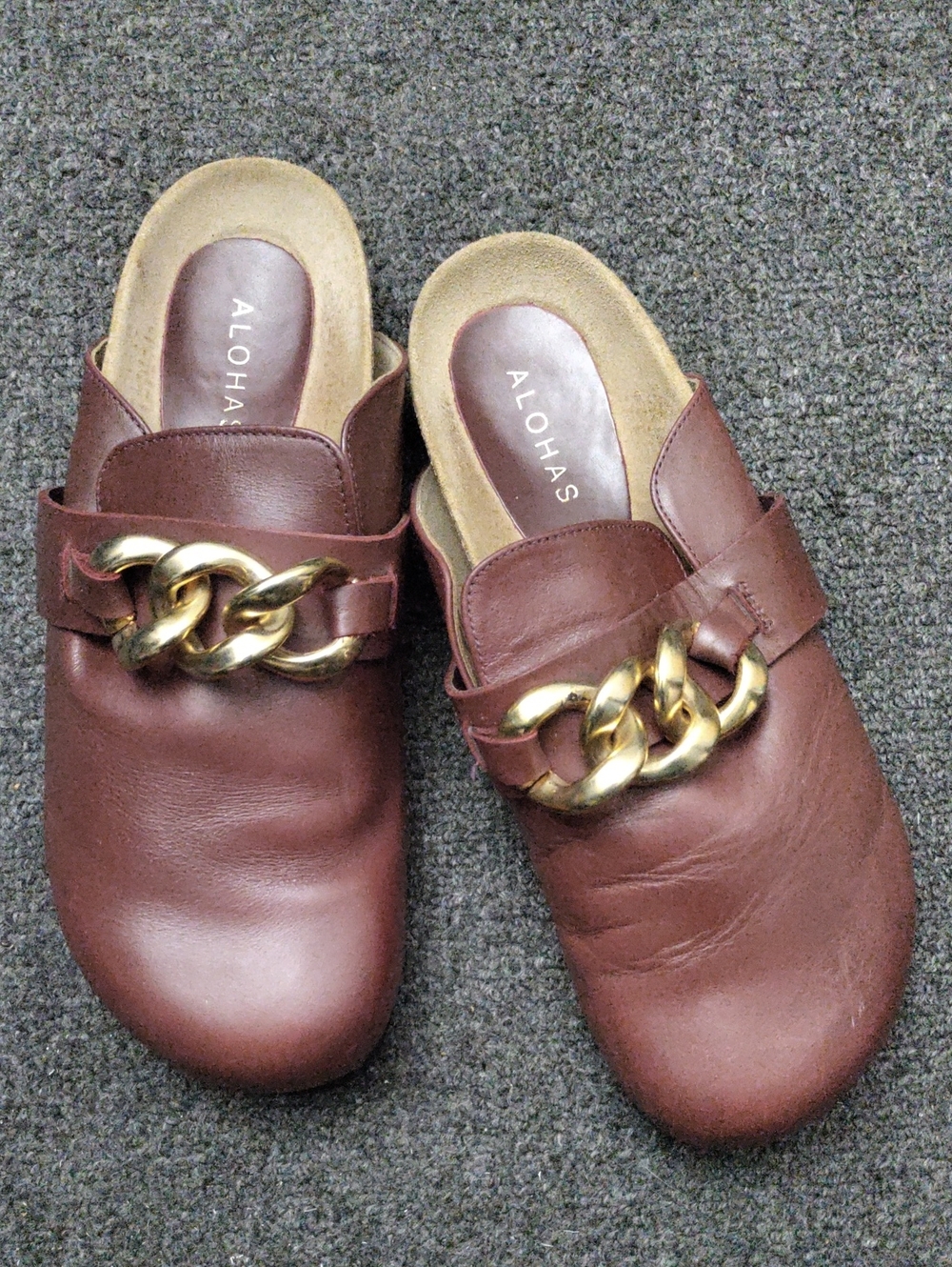 ALOHAS Burgundy Leather Mules with Gold Chain Accent